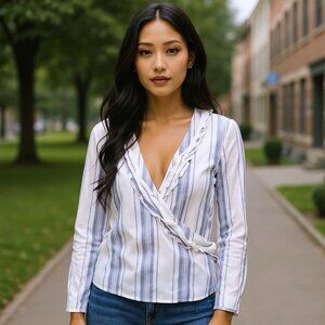 Zara Ruffle Surplice Faux Wrap White Blue Coastal Blouse Top Womens Medium